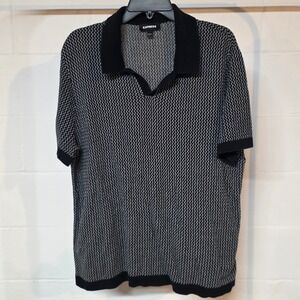 Express Mens Knit Polo Shirt XL Black Gray Geometric Cotton Short Sleeve V-Neck